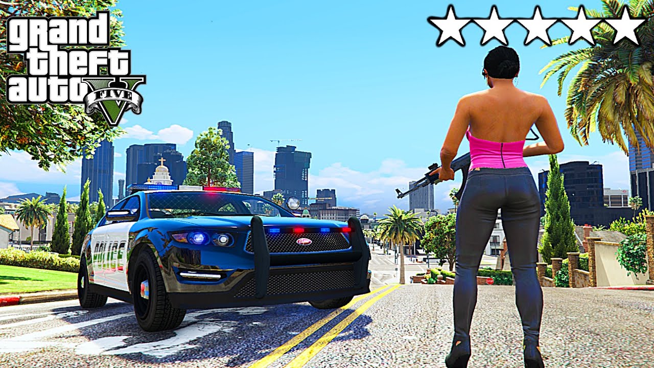 GTA 5 CRAZY GIRL FIVE STAR POLICE WANTED LEVEL RAMPAGE ESCAPE LOS ...