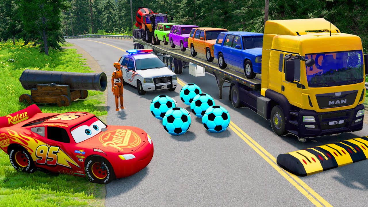 Double Flatbed Trailer Truck vs Speedbumps Train vs Cars | Tractor vs Train BeamNG.drive #11