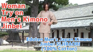 Edoten Japanese Woman Try On Mens Kimono Jinbei