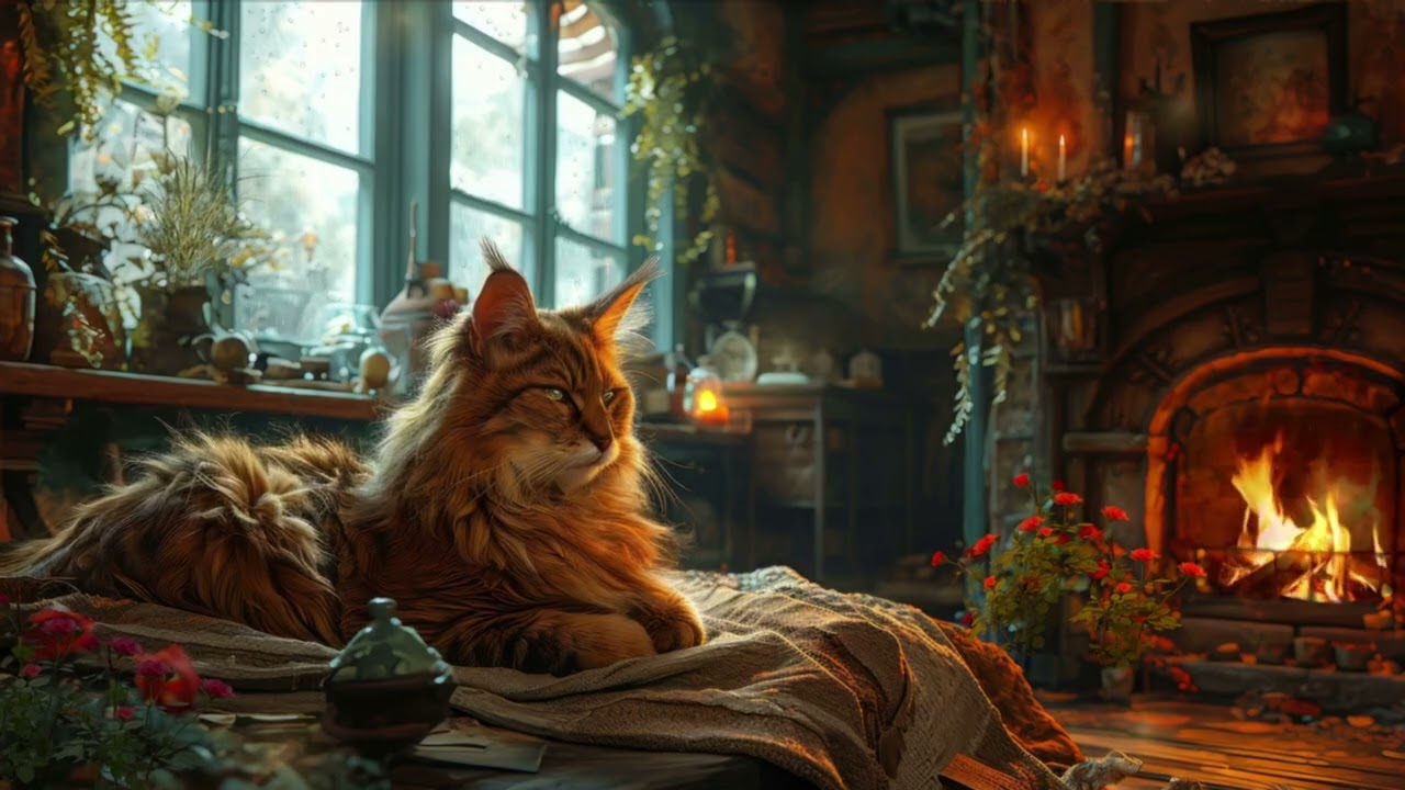 [3Hr Rain & Fireplace] Cozy Night with Cat 🐾🔥🌧 | Screen Dims After 26min | 99% Deep Sleep