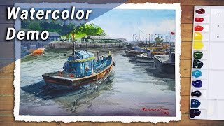 How to paint a boat with reflections in watercolor - Harbor Landscape