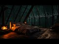 Rain Thunder in Cold Forest to sleep on Cozy Attic Bedroom w/ Fireplace🔥 - Rain Sounds for Sleeping