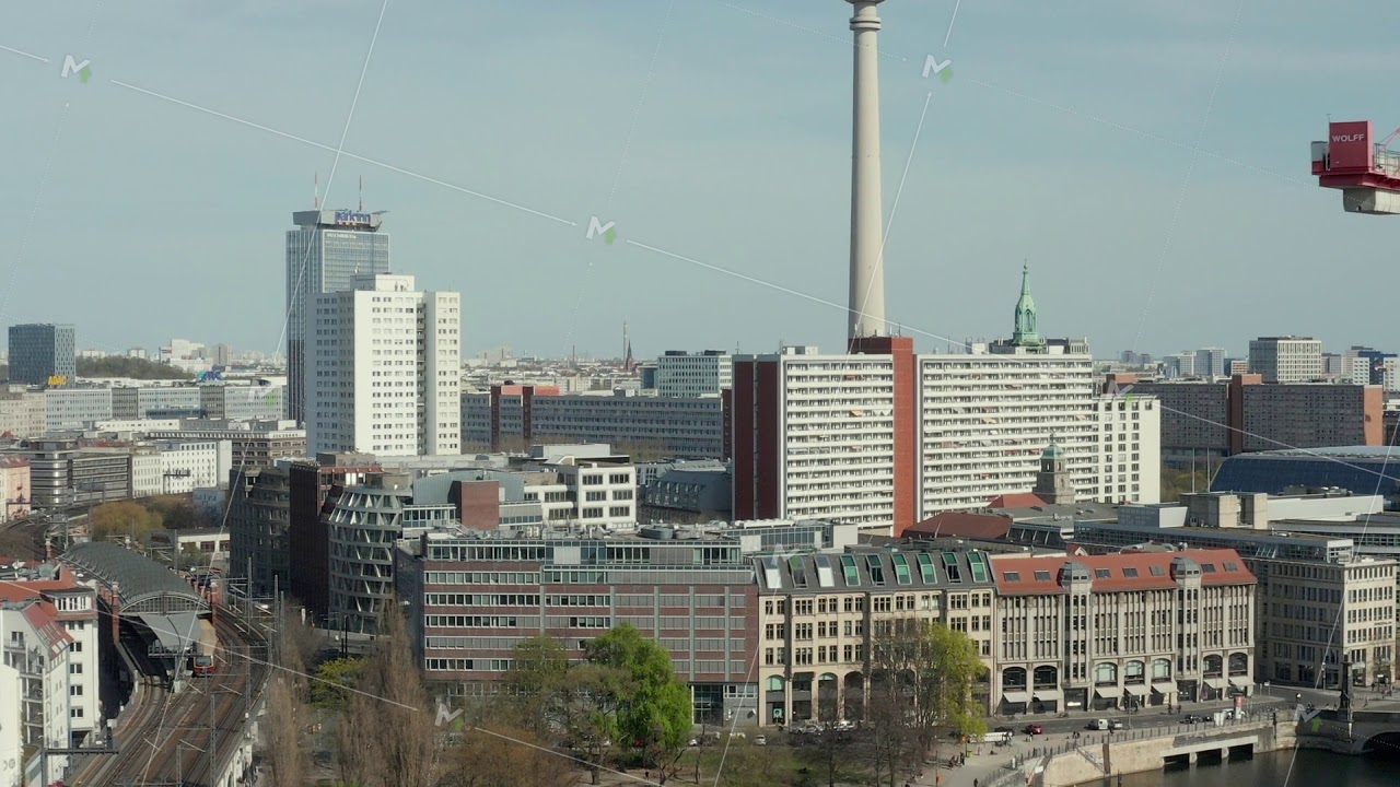 AERIAL: Wide View of Empty Berlin with Spree River and Train Tracks with View of Alexanderplatz TV