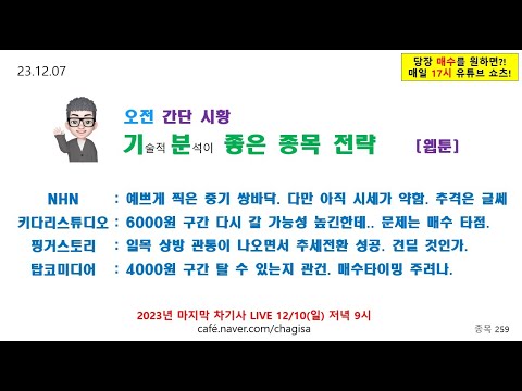 [오전시황 및 종목전략] <strong>NHN</strong> 키다리스튜디오 핑거스토리 탑코미디어 웹툰 관련주 <strong>주가</strong> 매매 전략 231207