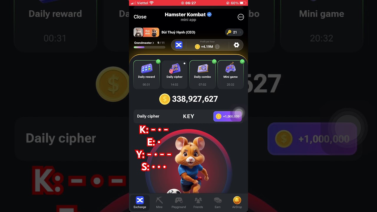 19 August Hamster Kombat Daily Cipher claim 1000000 coin