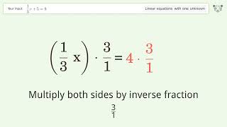 Linear equation with one unknown: Solve 1/3x+5=9 step-by-step solution