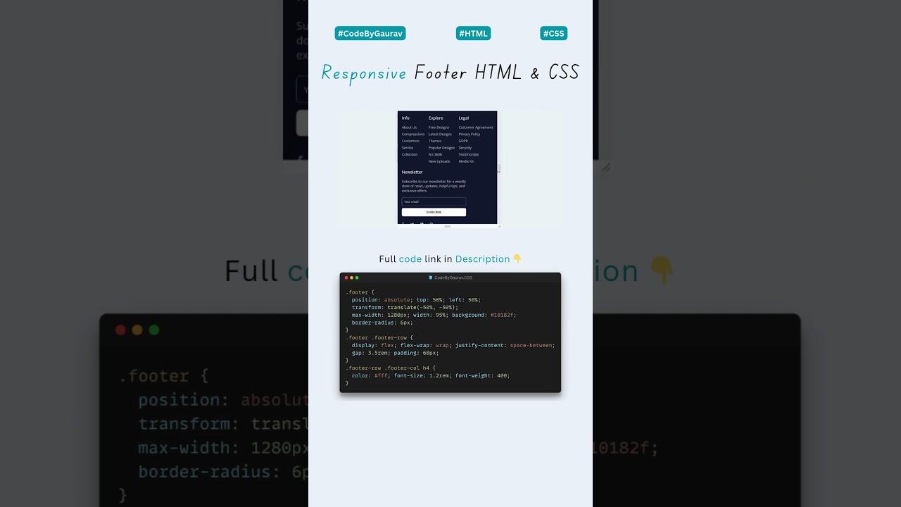 📦 Responsive Footer Using HTML & CSS Only! #webdevelopment #coding #htmlcss #shorts