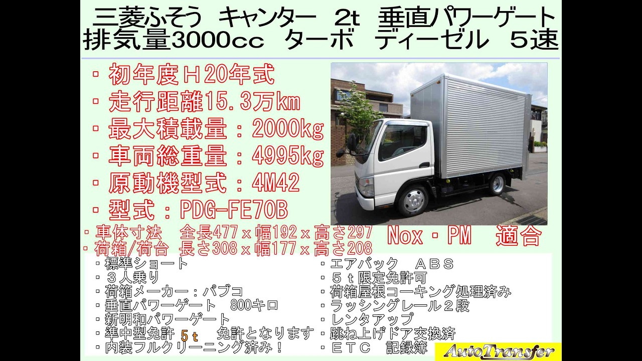2tトラック】20年式 三菱ふそう キャンター パネルバン 標準 