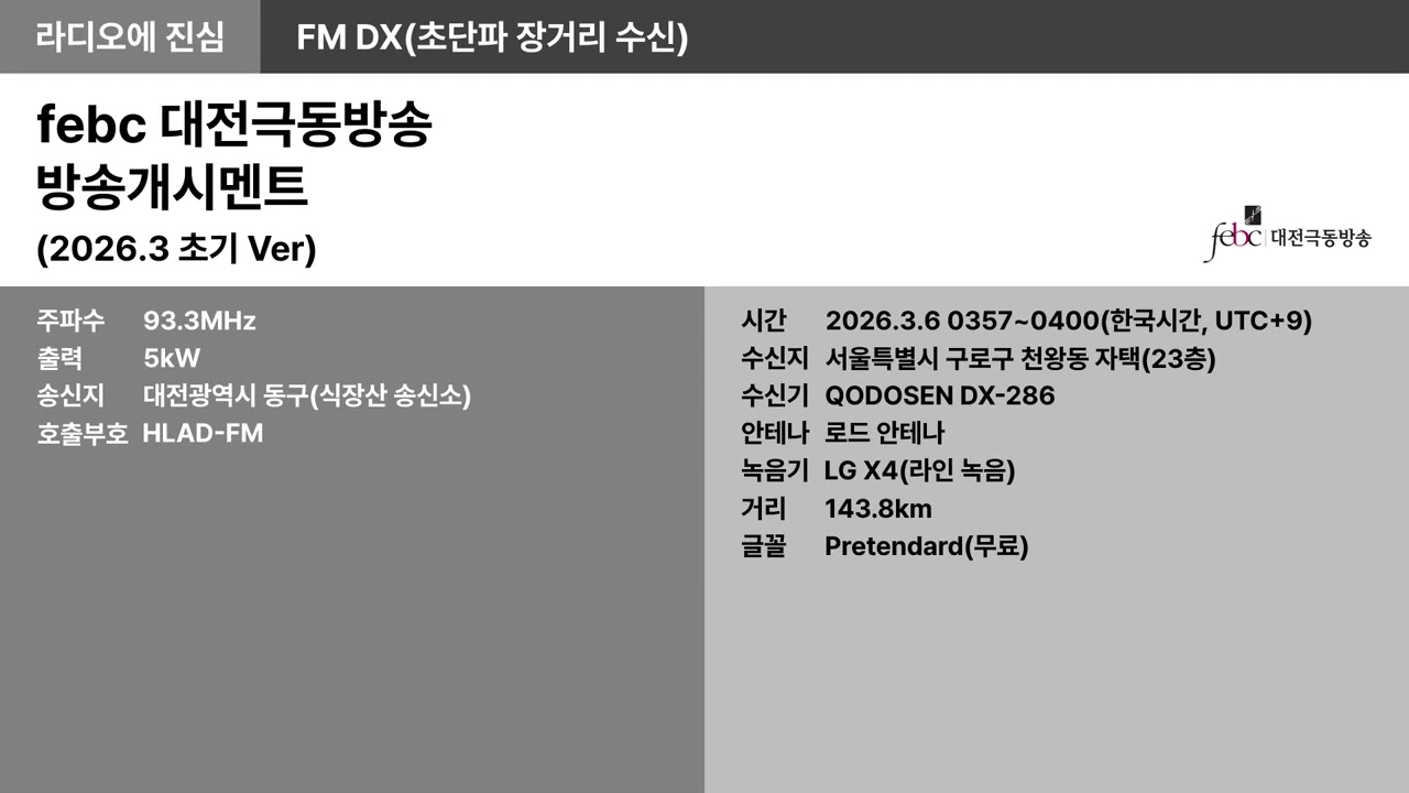 [FM DX] 93.3MHz febc 대전극동방송 방송개시멘트 | 2026.3 초기 Ver(이사 후 첫 수신)