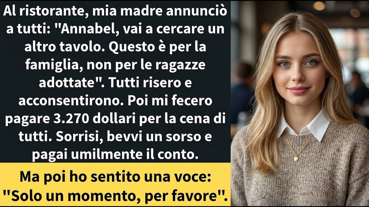 La sera del compleanno di mia nonna, mia madre mi disse: “Annabelle, tesoro, questo tavolo è per la famiglia. Perché non ti siedi al bancone?” Sorrideva davanti a trenta ospiti, e tutti risero....