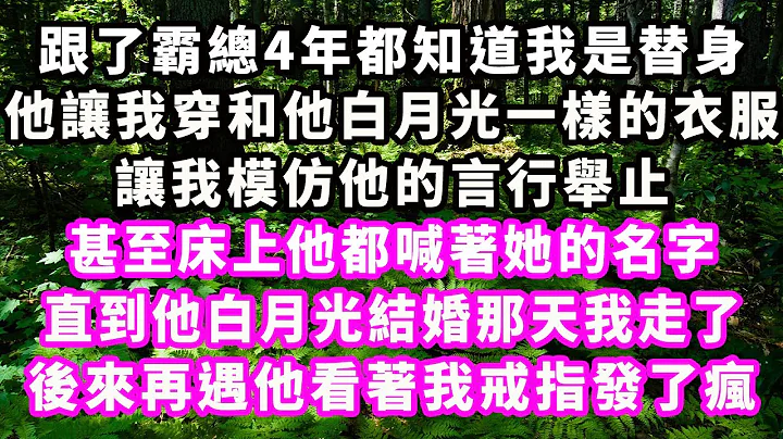 跟了霸總4年都知道我是替身，他讓我穿和他白月光一樣的衣服，讓我模仿他的言行舉止，甚至床上他都喊著她的名字，直到他白月光結婚那天我走了，後來再遇他看著我戒指發了瘋#爽文完結#一口氣看完#小三#豪門#霸總 - 天天要聞