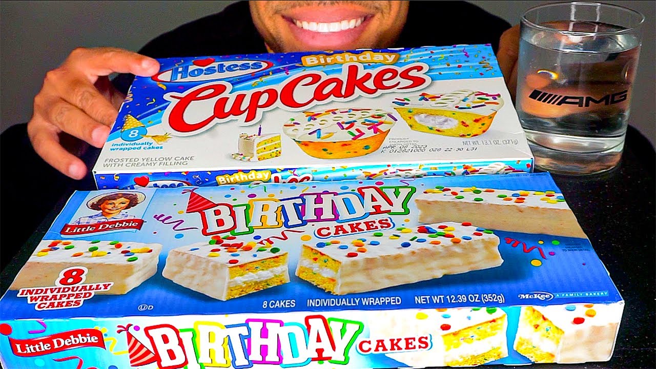 ASMR LITTLE DEBBIE BIRTHDAY CAKES CUPCAKES EATING SHOW MOUTH SOUNDS NO