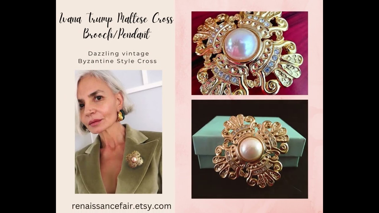 Maltese Cross Brooch-Pendant. IVANA TRUMP, Pearl Cabochon, Rhinestones, Gold Plate, Vintage