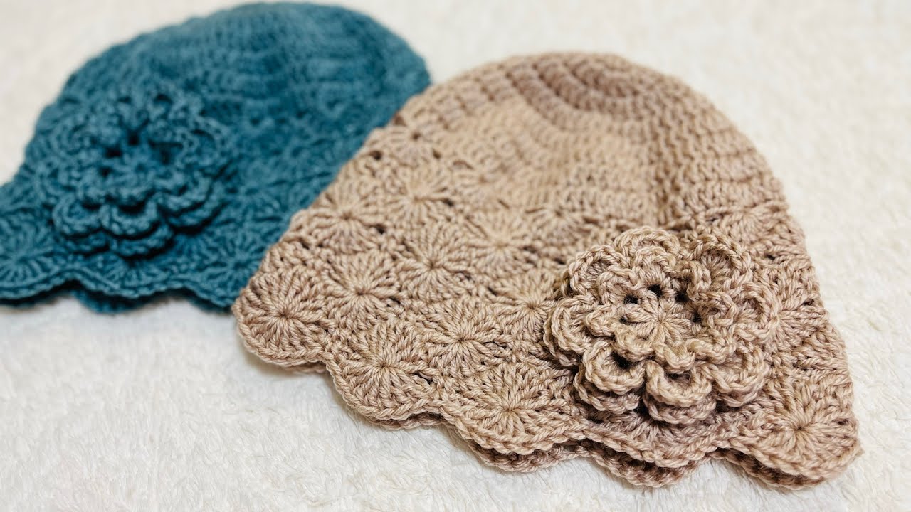 かぎ針編み　簡単でお花のモチーフ付きのニット帽　長編みを円に編む時のつなぎ目を綺麗にする編み方の紹介