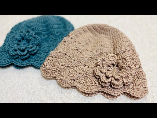 かぎ針編み 簡単でお花のモチーフ付きのニット帽 長編みを円に編む時の