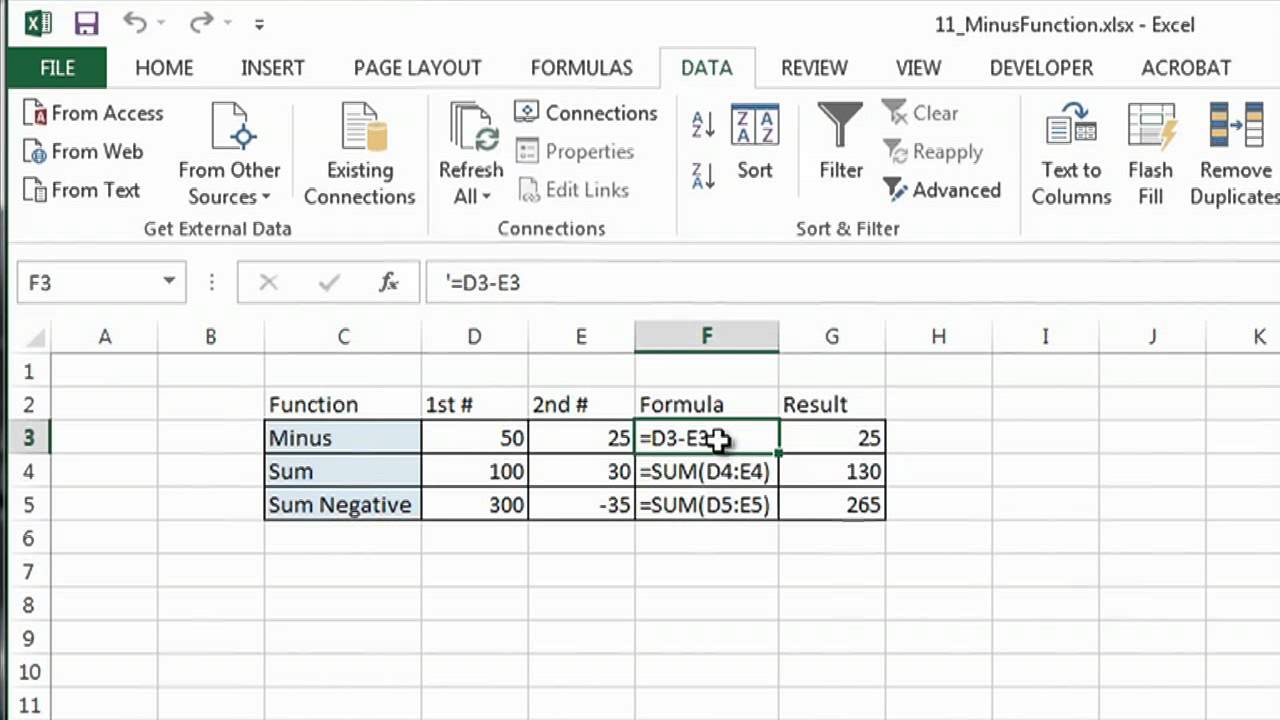 excel formula subtract