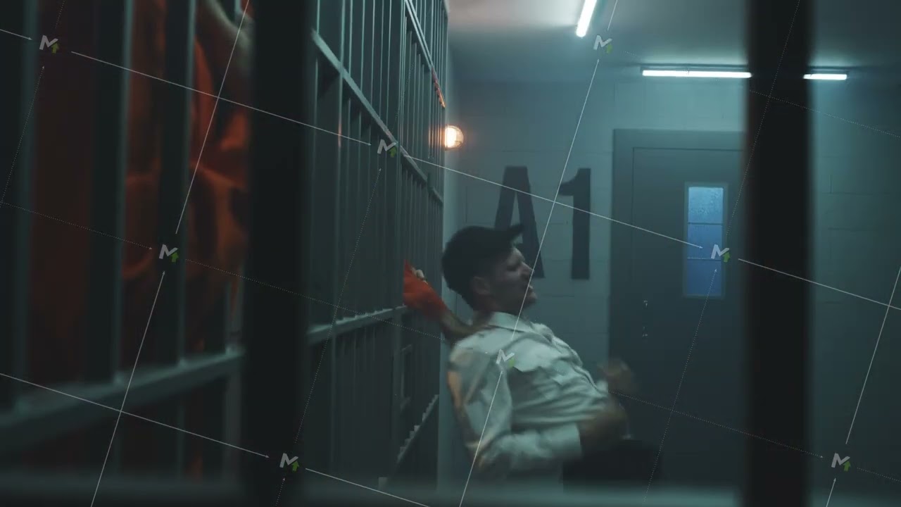 Cinematic shot of male prisoner strangling prison officer and escaping from jail