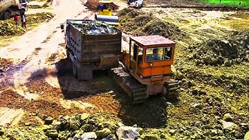 New Project Dump Truck Moving Land filling Nearby Highway Road Pours Soil Bulldozer Pushing  EP149