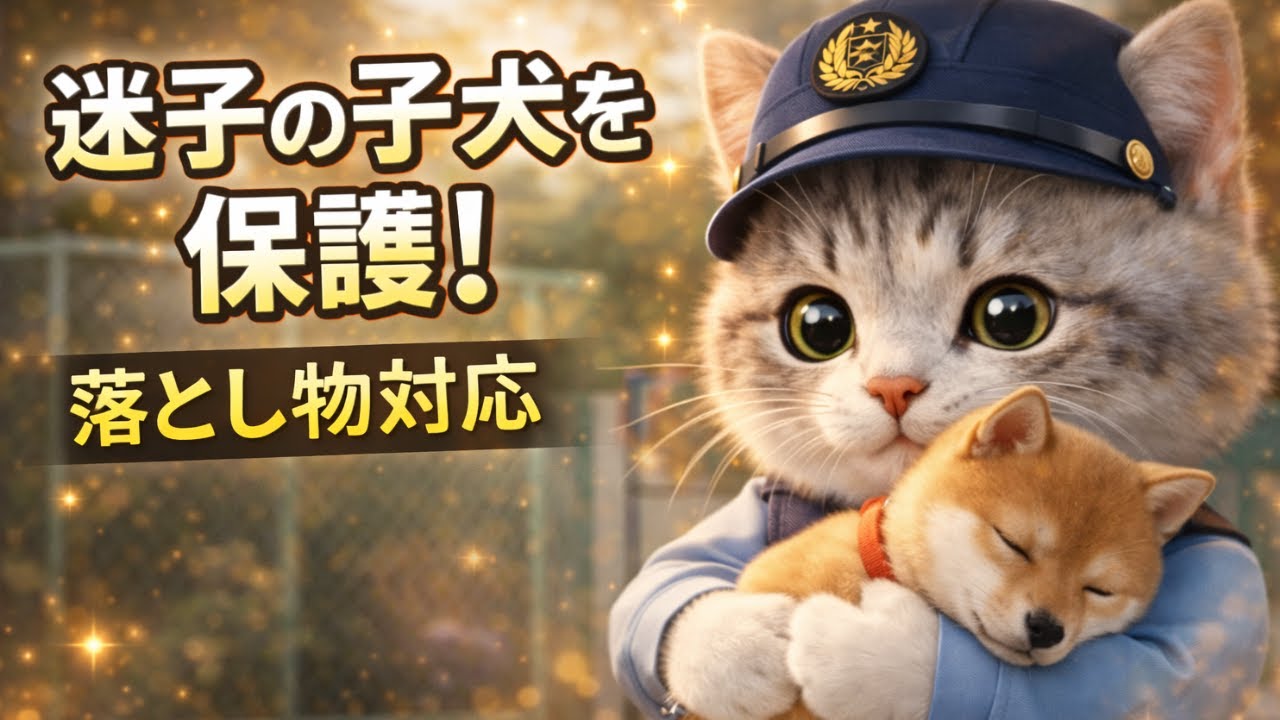【交番勤務のおこめ】迷子の子犬を安心させるにゃ…｜落とし物対応もがんばる