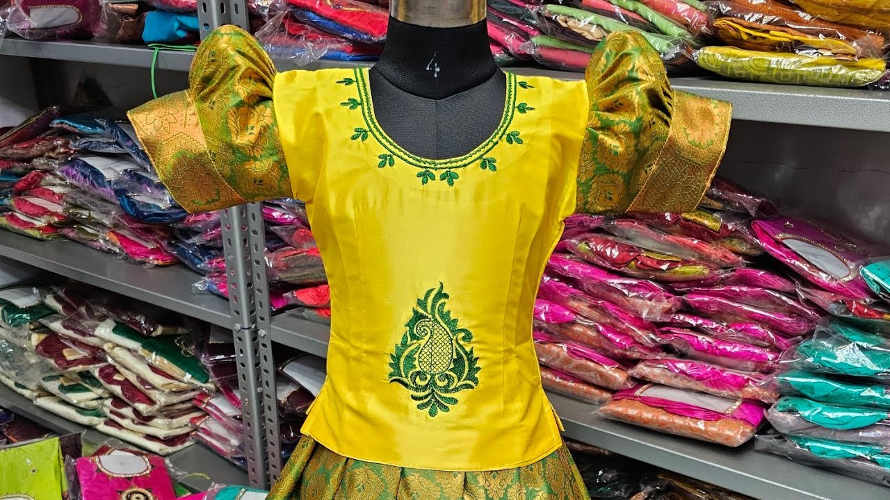 Kids Pattu Pavadai Set – Yellow Top with Purple Leaf Design Skirt | Sri Thulir Tex main image 1