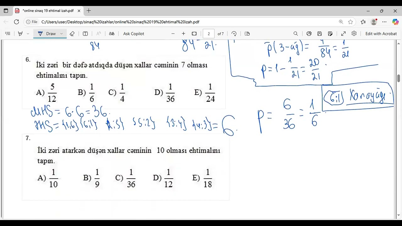 Online sınaq 9, Ehtimal ( İmtahanda ən azı bir sual ehtimaldır)