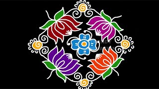 12*6dots Easy lotus rangoli design with colors  | Lotus rangoli design | 2020 sankranthi muggulu |