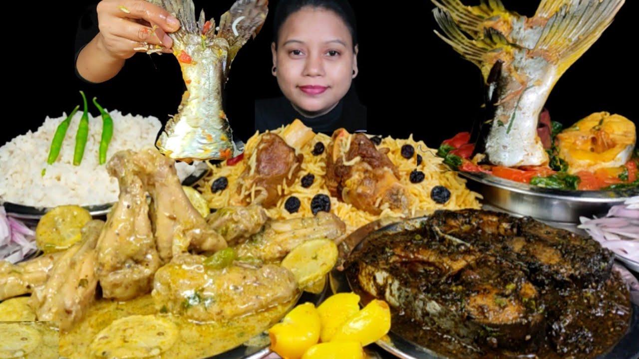 ASMR EATING FATTY FISH CURRY WITH MUTTON PULAO | LEMON CHICKEN CURRY & BLACK FISH CURRY MUKBANG