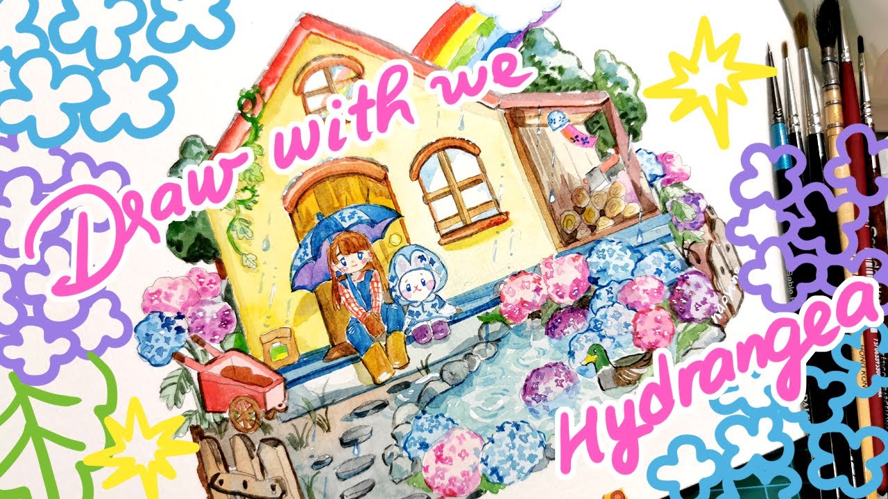 【Draw with me #17】Watercolor Hydrangea Country Side Theme Post Card!