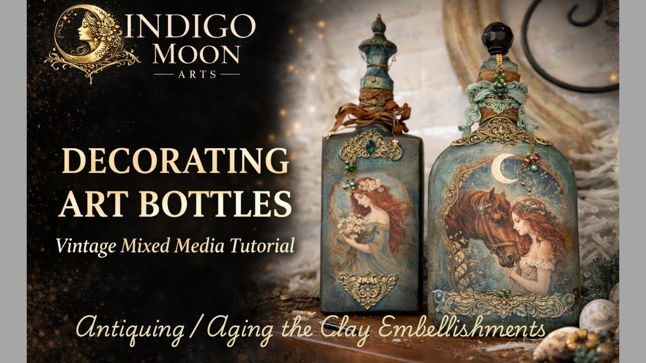 Decorating Decoupage Vintage Art Bottles Step-by-Step Antiquing / Aging Clay Embellishment Tutorial 