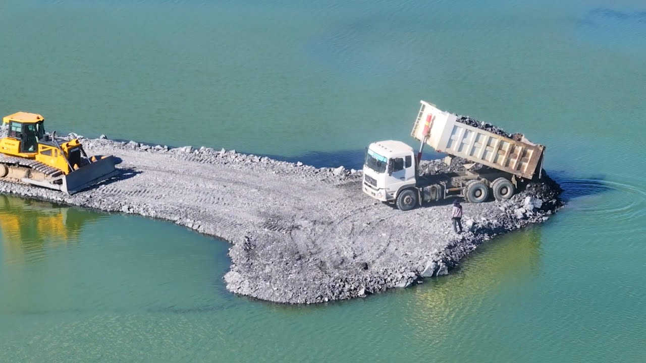 Incredible Action Ever Show Dozer Push Rocks Filling In Lake With ...