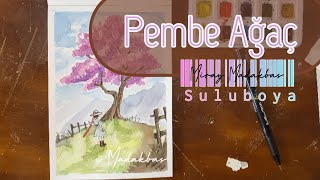 Pembe Ağaç Manzarası/ ilkbahar resmi yapımı/ suluboya manzara