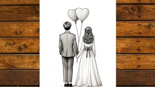 How to Draw Romantic Couple Drawing with heart balloon/Easy pencil sketch/Valentines day Drawing