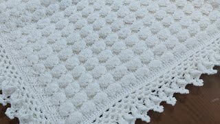 كروشية.. شرح بطانية أطفال بغرزة الباف/ البالون / بغرزة بومبية Crochet baby blanket with puff stitch