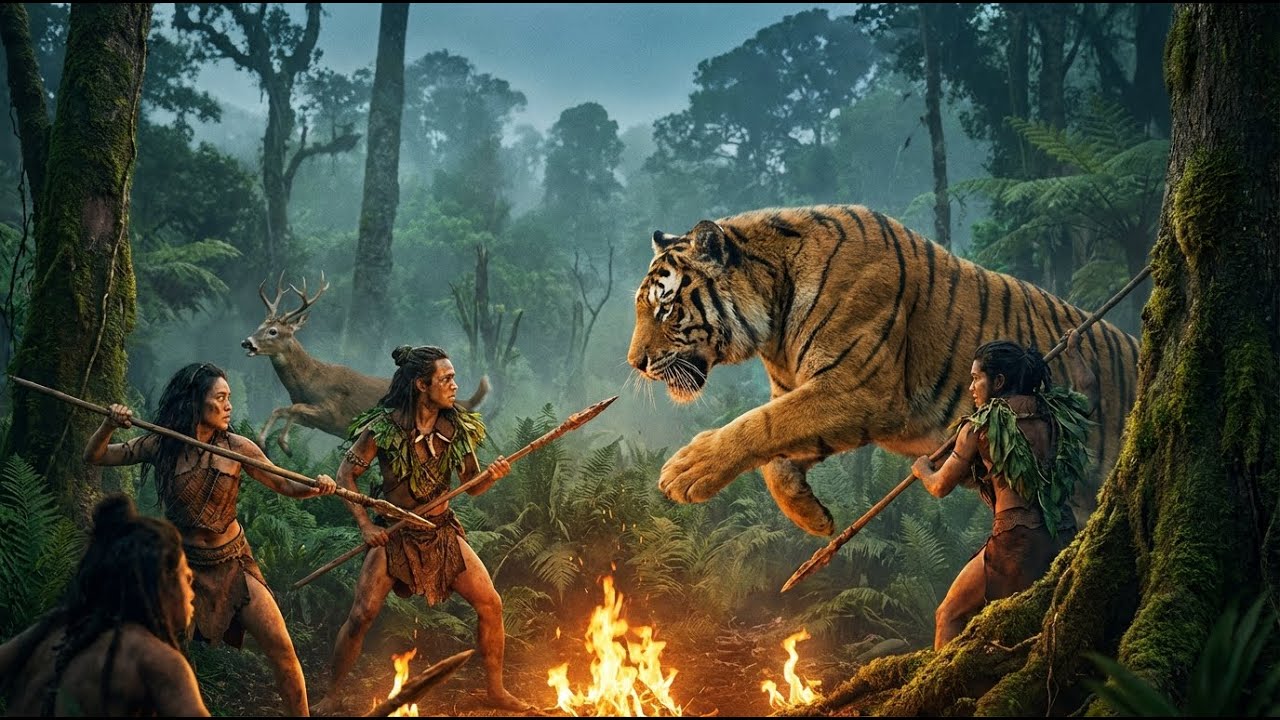 AI Generated Prehistoric Jungle Survival  Ancient Tribe Hunts Tigers & Deer  Realistic Documentary