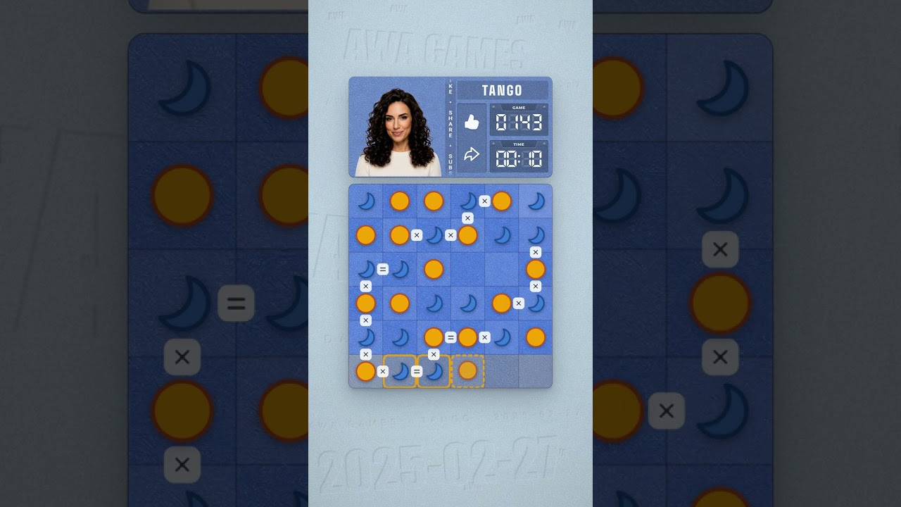 LinkedIn Tango #143 solved board for February 27, 2025, 6x6 grid