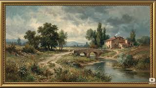 Autumn House Bridge Painting | Gold Frame TV Art Screensaver 4K