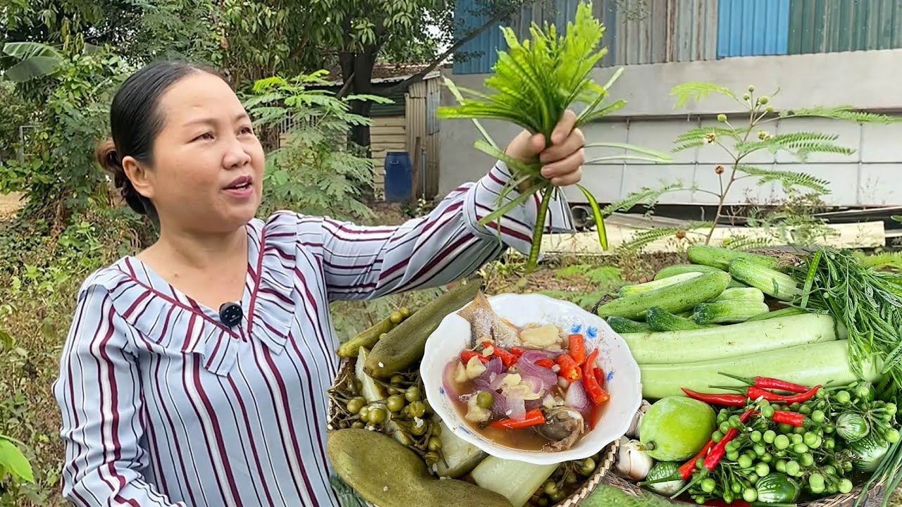 Steamed Fermented Fish (PhaAk) with Freshly Picked Home Garden Vegetables | Traditional Khmer Food