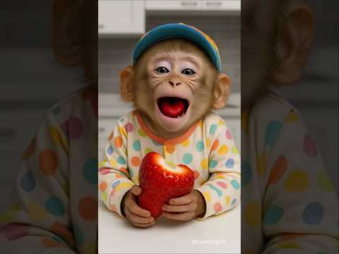 قرد صغير قرد يأكل فراولة قرد مضحك قرد مشاكس قرد كيوت مضحك