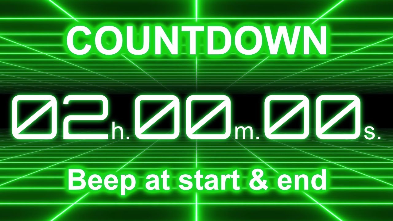 2 Hour Countdown Timer | Start/End Beeps | Neon Green Grid | 4K