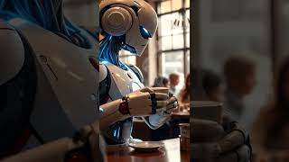 Female humanoid robot serving coffee with natural, graceful movements in a café