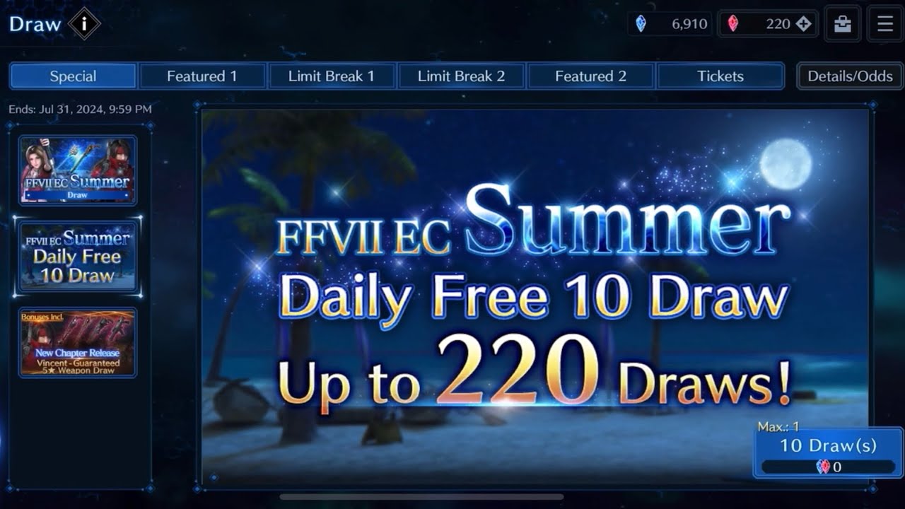 Final Fantasy 7 Ever Crisis - 220 Summons! Summer Daily Free 10 Draw