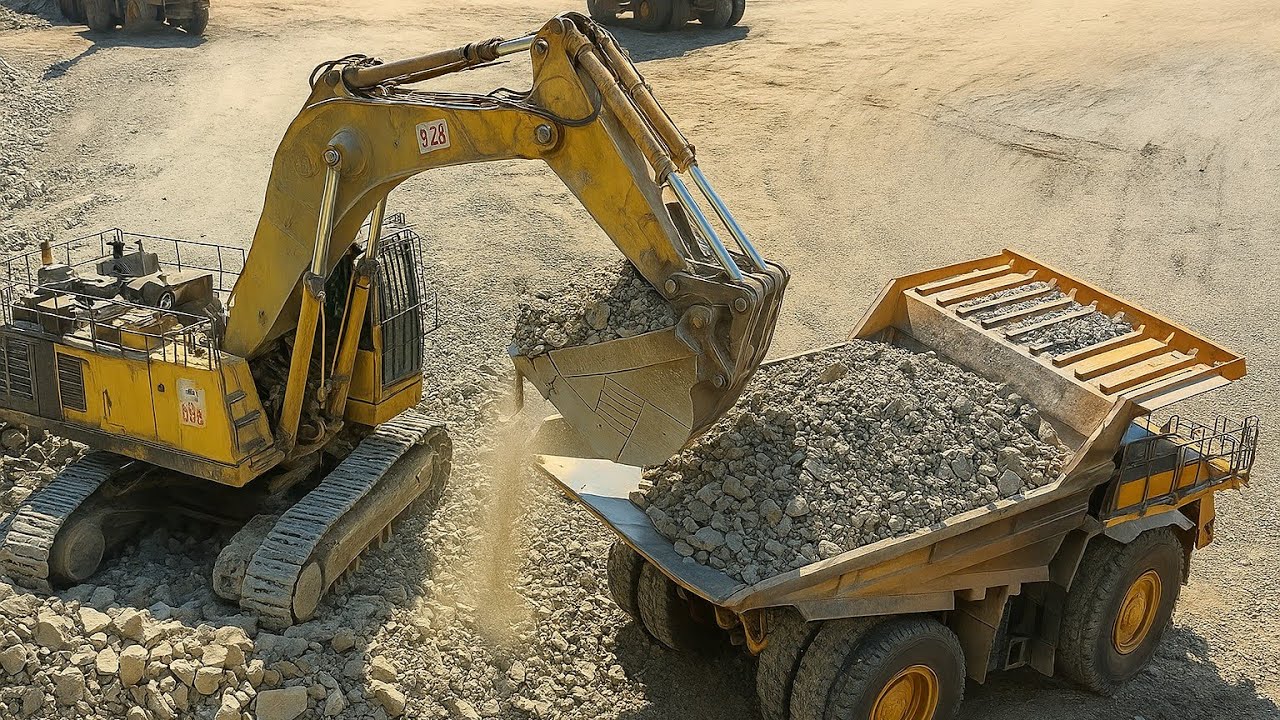 Powerful Excavator Loading Heavy Dump Trucks | Real Mining Operation in Open Pit Iron Mine