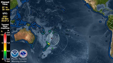 Tsunami Forecast Model Animation:  Three Tsunamis in One Day From the Tonga-Kermadec Subduction Zone