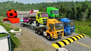 Double Flatbed Trailer Truck vs Speedbumps | Train vs Cars | Tractor vs Train | BeamNG.Drive #52