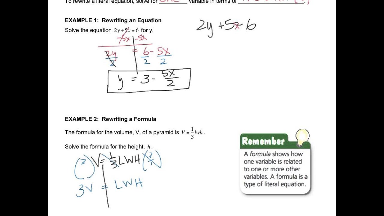 Rewriting Equations And Formulas Worksheet - Escolagersonalvesgui