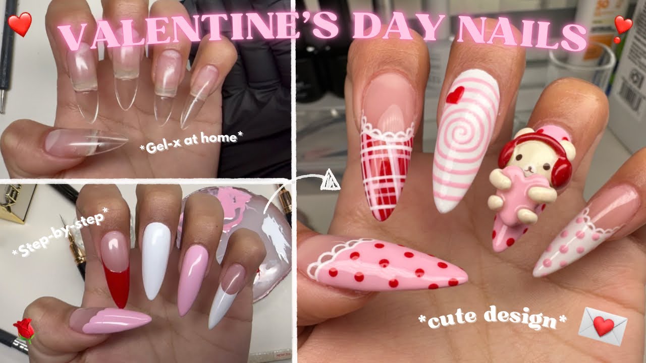 VALENTINE’S DAY GEL-X NAILS | step by step gel-x tutorial + cute nail designs 