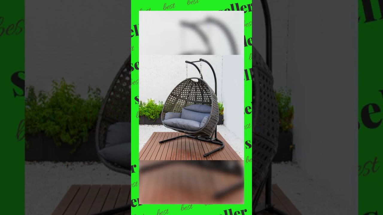 Charcoal Wicker Hanging Double-Seat Swing Chair with Stand w/Dust Blue Cushion