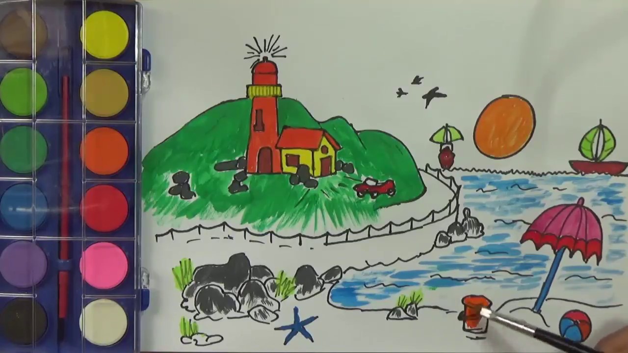 Dạy bé tập tô màu và vẽ ngọn hải đăng bãi biển thuyền buồm tranh phong cảnh  thiên nhiên - YouTube