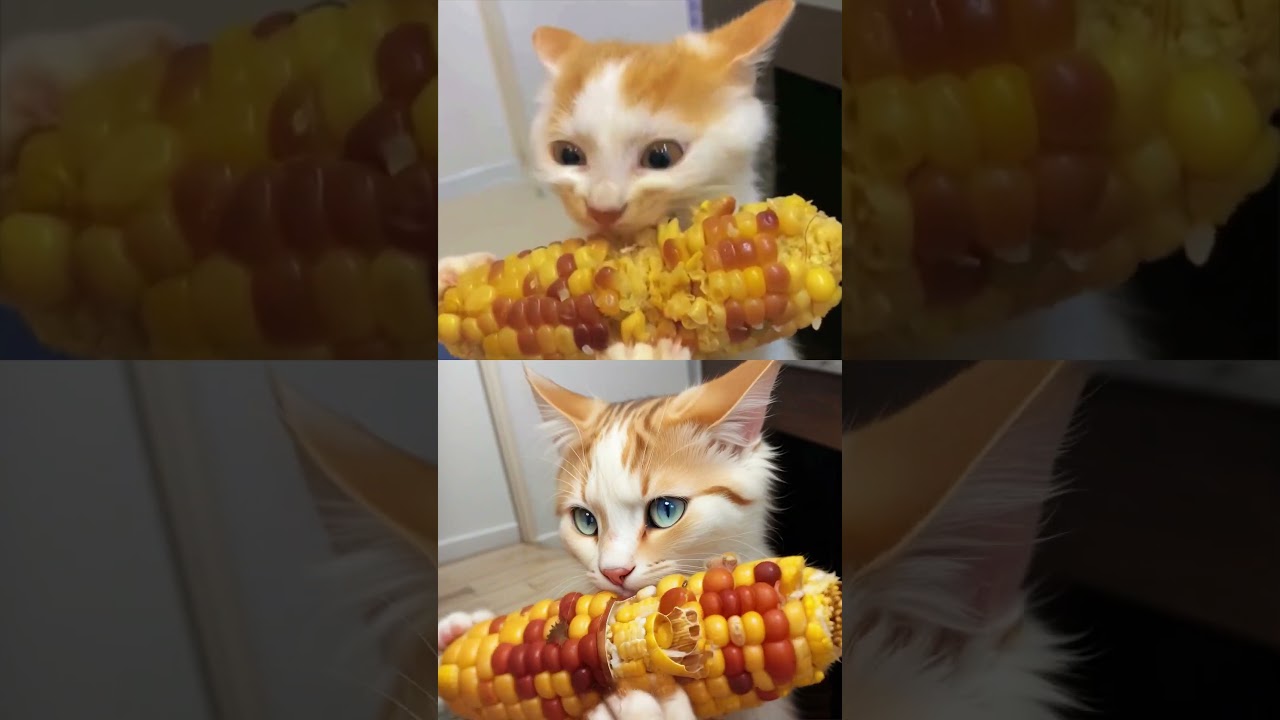 [AI Edit] Pretty cat eating corn 