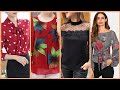 Most papular and trending chiffon blouse floral sleeves printed and plane chiffon blouse designs2019